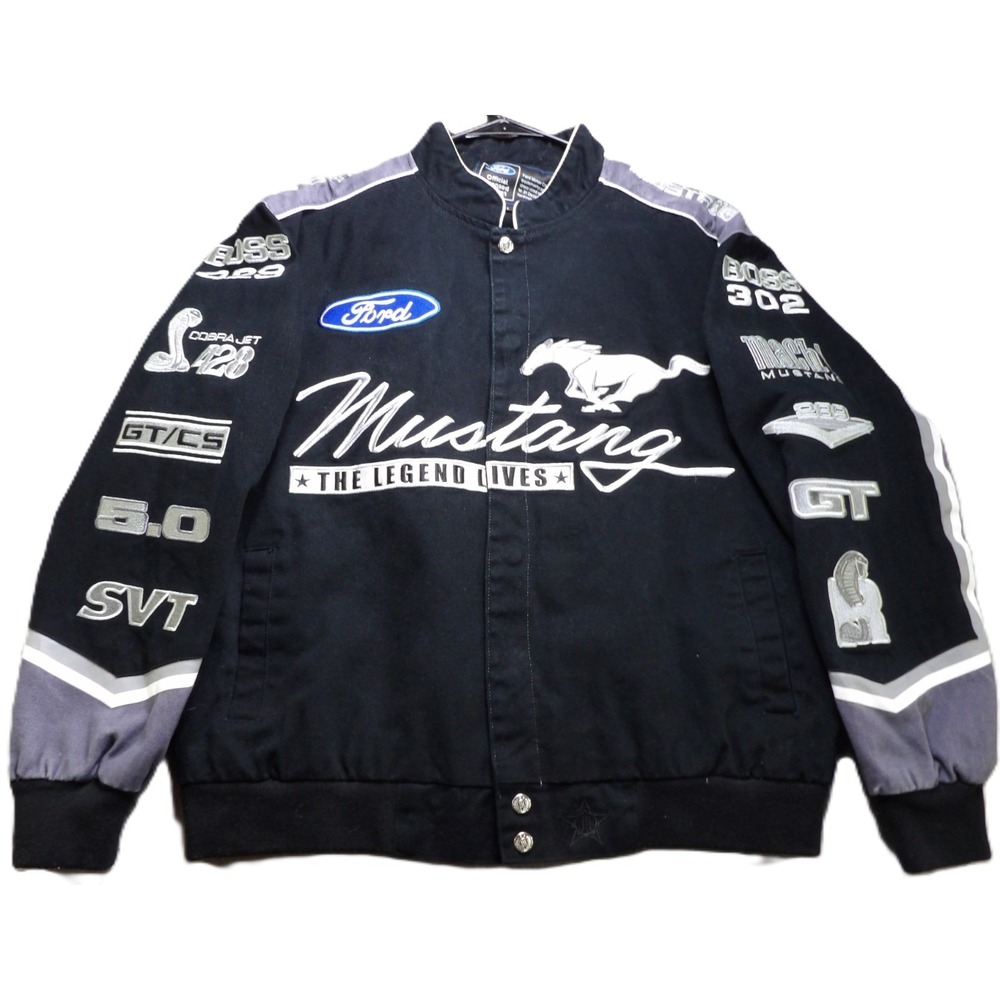 VTG Y2K JH Design Ford Mustang Racing Jacket Men L Black Embroidered Shelby Logo